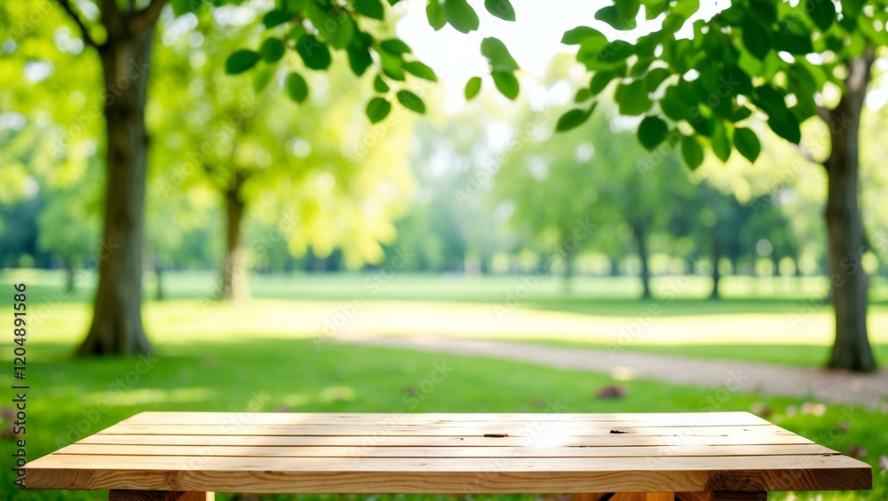 Empty wooden table with garden bokeh for a catering or food background with a country outdoor theme,Template mock up for display of product Empty wooden table with garden bokeh for a catering or food background with a country outdoor theme,Template mock up for display of product