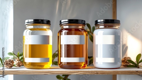 Honey Jar Mock-Up - Three Jars. Blank Label  photo