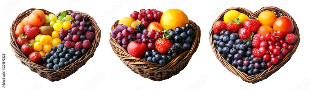 Fresh Fruit Collection in Heart-Shaped Baskets on Transparent Background Fresh Fruit Collection in Heart-Shaped Baskets on Transparent Background