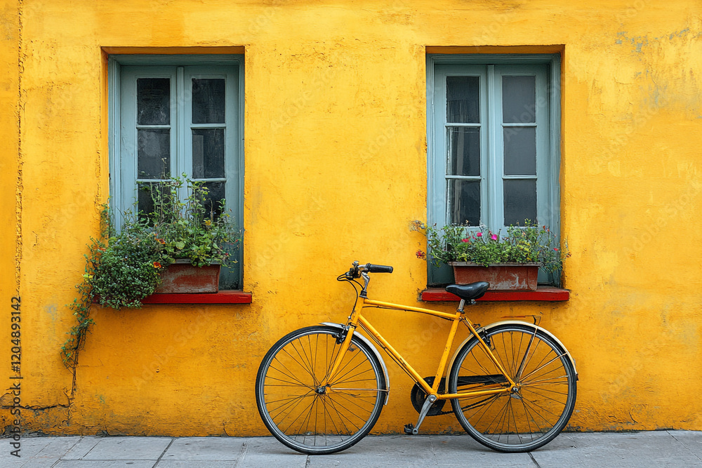 Yellow Bicycle Parked Against Yellow Building With Windows Yellow Bicycle Parked Against Yellow Building With Windows