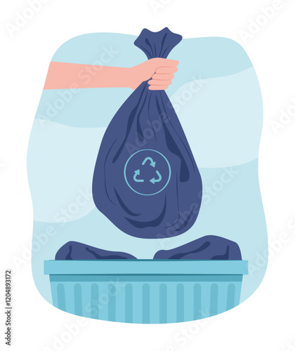 Human Hand Holding Garbage Bag for Litter into Trash Can for Waste Sorting and Recycle Concept Illustration