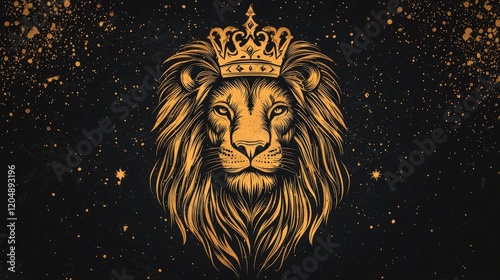 Majestic Lion with Crown Emblem Surrounded by Stars in Dramatic Dark Background