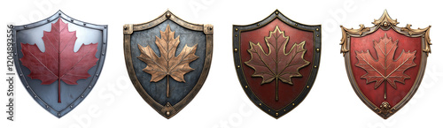 Vintage Shields with Maple Leaf Designs on Transparent Background photo