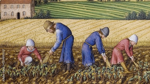 Medieval Farmers Working the Field Depicted in a Detailed Manuscript Illustration Style