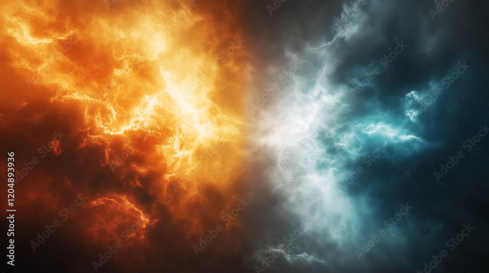 Epic cosmic nebula storm in deep space with dramatic orange and blue nebula on either side. The center of the universe remains empty, showcasing the contrasting dark red and orange hues on one side an Epic cosmic nebula storm in deep space with dramatic orange and blue nebula on either side. The center of the universe remains empty, showcasing the contrasting dark red and orange hues on one side an