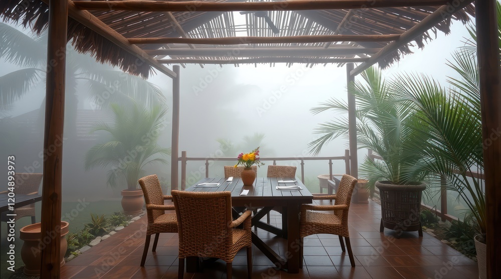 Fototapeta premium Luxurious restaurant and hotel interior with wooden furniture, tables, chairs, and a cozy ambiance for dining and relaxation