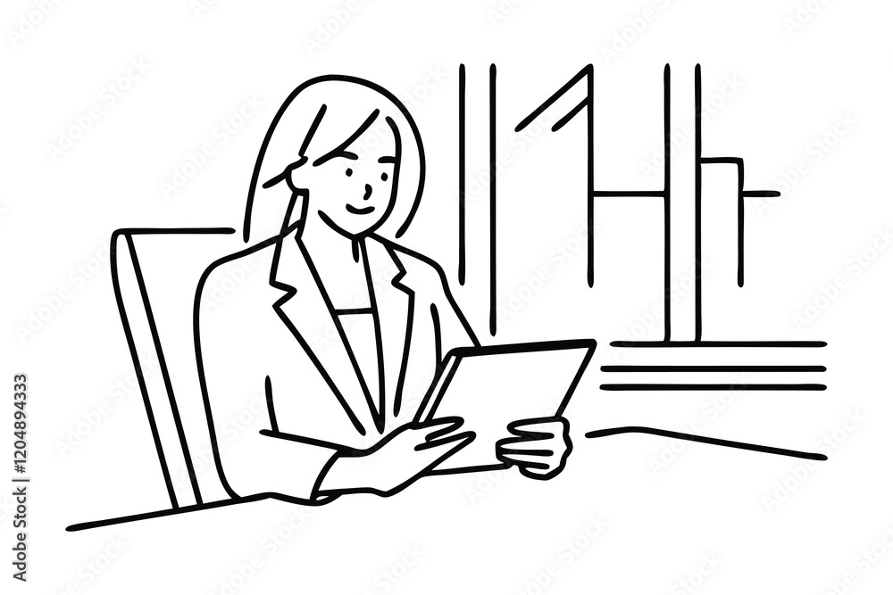 Businesswoman in an office setting, confidently holding a tablet while engaged in her work Line art flat vector illustration. Businesswoman in an office setting, confidently holding a tablet while engaged in her work Line art flat vector illustration.