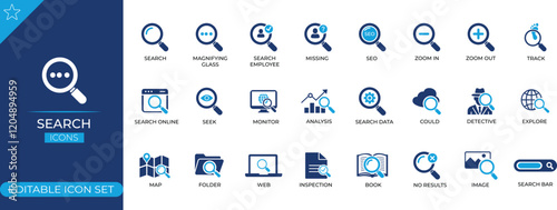 Search icon set featuring magnifying glass, find, zoom, locate, research, clip art, colour, detective, employee, examining, keyword search, web navigation, and interface usability symbols.