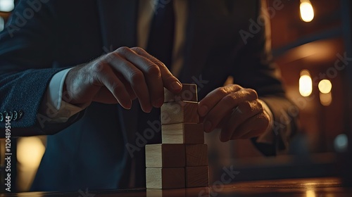 A person in a suit carefully stacks wooden blocks in a balancing game