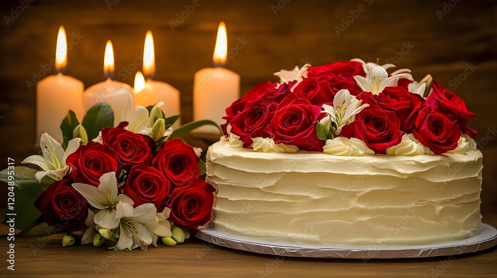 Fototapeta premium A delicious white cake adorned with red roses and lilies sits next to a matching bouquet, illuminated by four softly glowing candles. A perfect image for celebrations or romantic occasions.