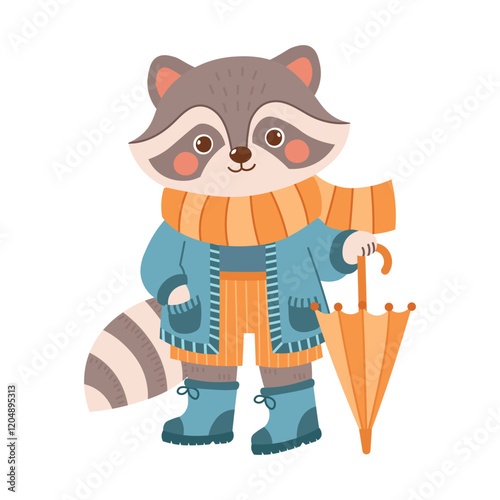 Raccoon in coat, scarf, wellies with umbrella. Cute spring forest woods woodland character. Vector illustration isolated on transparent background.