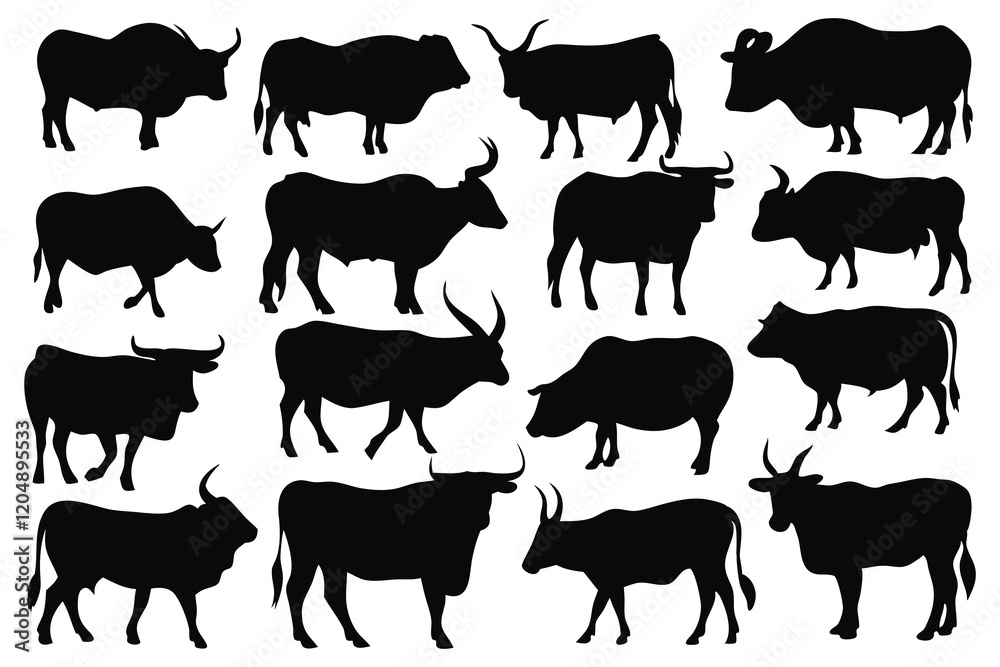 Ox silhouettes set isolated flat vector illustration on white background Ox silhouettes set isolated flat vector illustration on white background