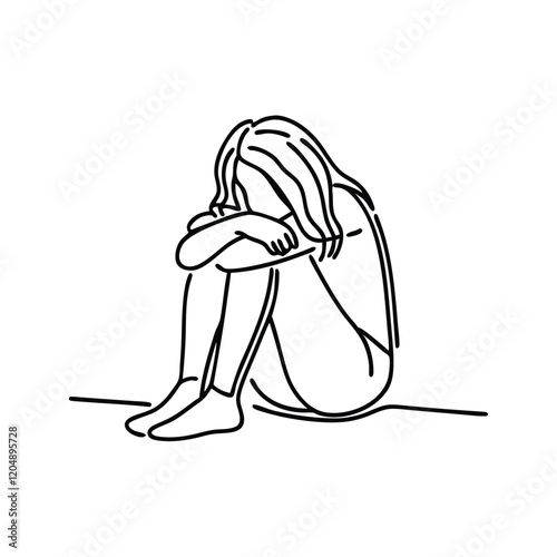Sad woman covering her face with her hands Hand drawn line art vector illustration.