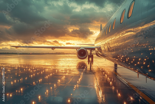 Airplane on Wet Runway at Golden Sunset