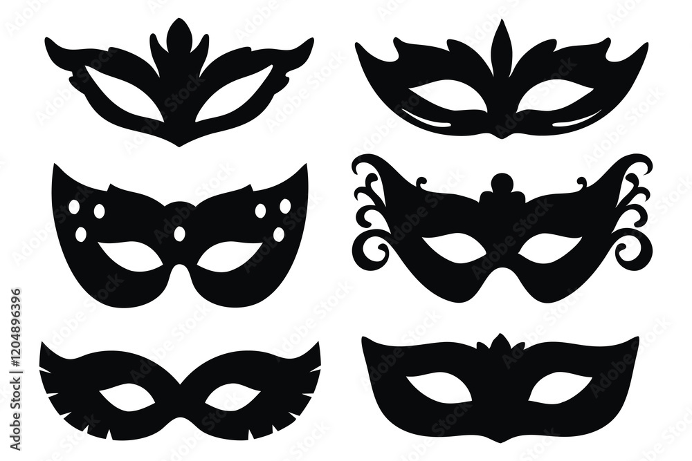 Venetian masquerade mask silhouettes set isolated flat vector illustration on white background. Venetian masquerade mask silhouettes set isolated flat vector illustration on white background.