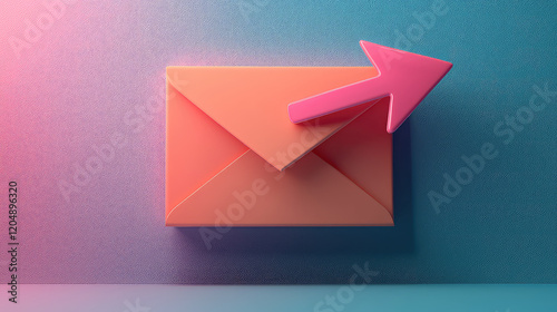 Peach-colored envelope with a pink arrow pointing upward, symbolizing sending or outgoing mail, against a teal background.