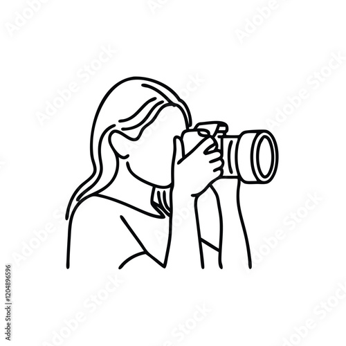 woman with DSLR camera taking pictures Hand drawn line art vector illustration.