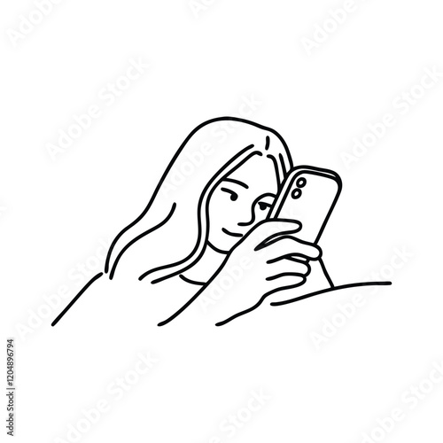 Young woman or teenager using smartphone Hand drawn line art vector illustration.