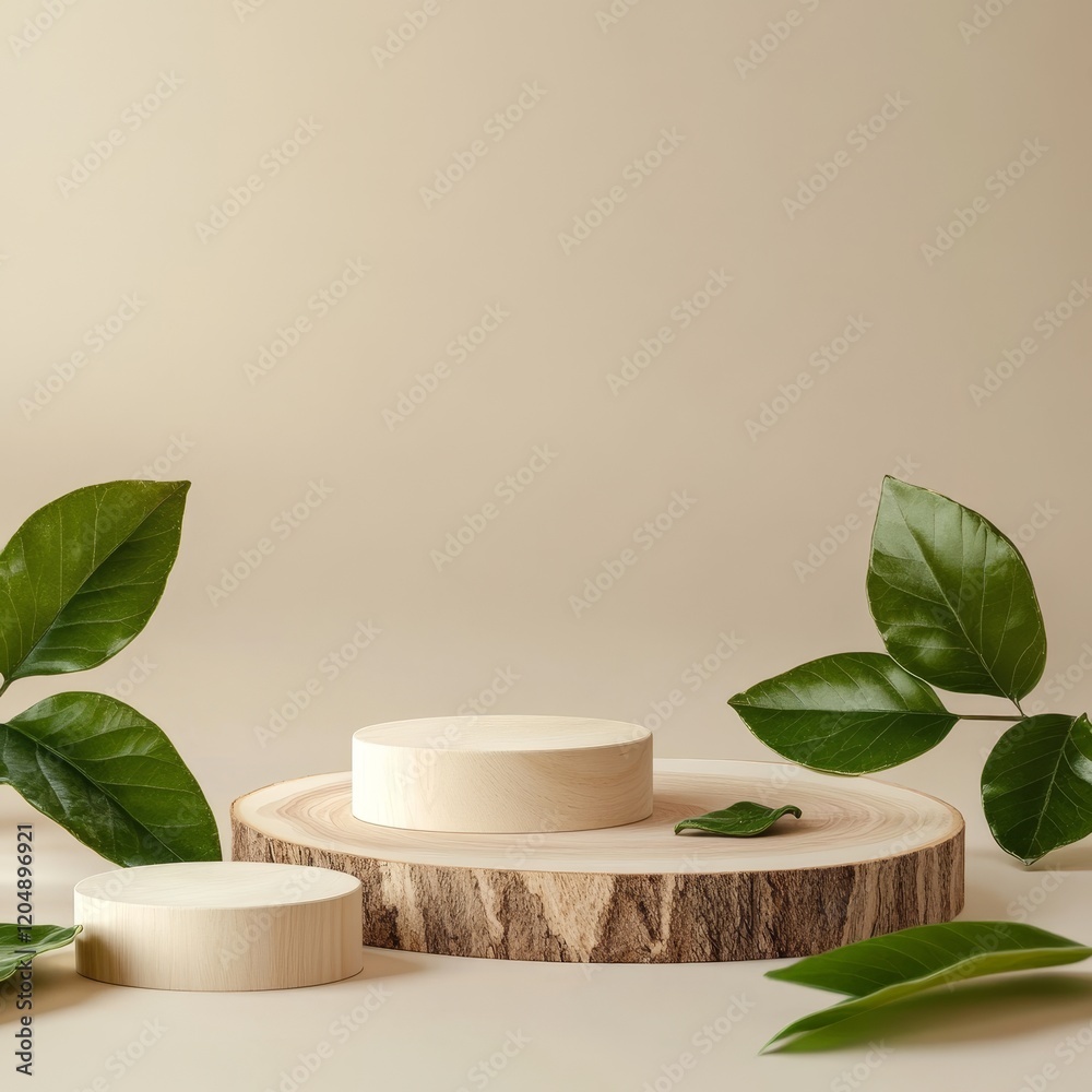 3d render of podium for product display with green leaves. Natural background 3d render of podium for product display with green leaves. Natural background
