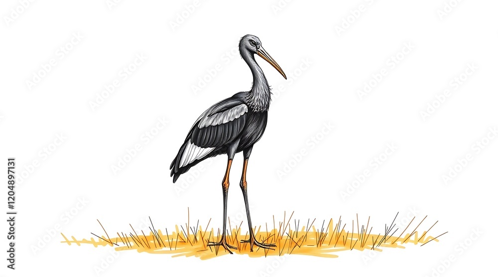 Fototapeta premium Asian Openbill Stork standing in tall grass.