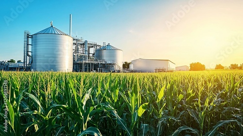 Biofuel plant at sunset, cornfield foreground.