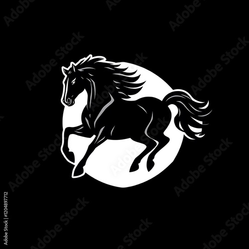 Black horse galloping in a white circle on black background.
