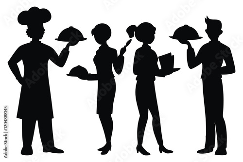  Restaurant staff and waiter silhouettes set isolated flat vector illustration on white background
