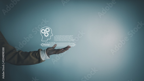 AI technology, Artificial Intelligence, Chatbot Chat and talk with AI, Using laptop for search and find data by command prompt, robot learning machine create or generate picture or article auto