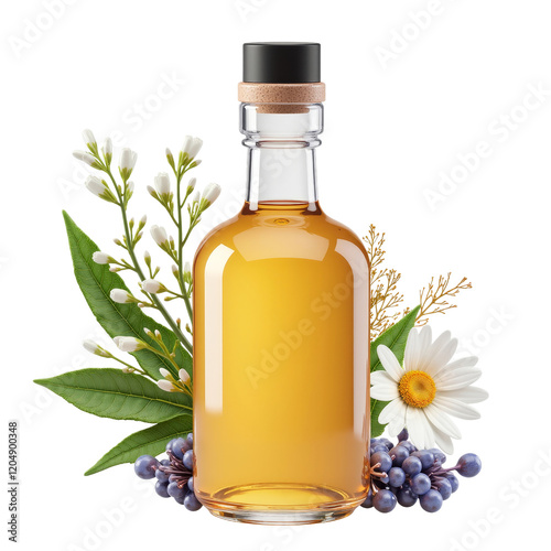 Clear Glass Bottle Containing Amber Essential Oil Surrounded by Herbs and Flowers photo