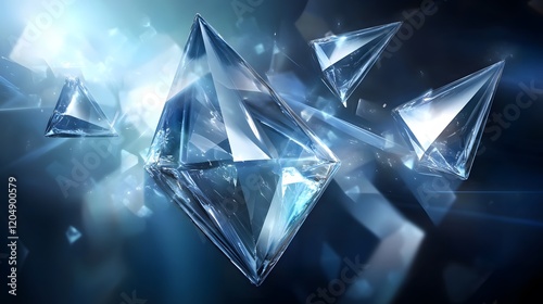 Dynamic crystal shapes abstract space digital art futuristic environment close-up view light reflections