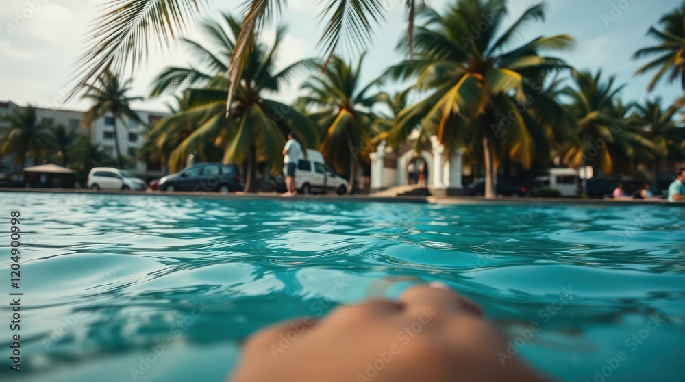 Tropical resort pool with palm trees and clear blue water Tropical resort pool with palm trees and clear blue water