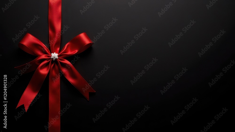 A captivating overhead shot features a vibrant red ribbon, artfully draped with a sparkling diamond ring at its heart. Set against an elegant black backdrop, it exudes timeless allure and sophisticati A captivating overhead shot features a vibrant red ribbon, artfully draped with a sparkling diamond ring at its heart. Set against an elegant black backdrop, it exudes timeless allure and sophisticati