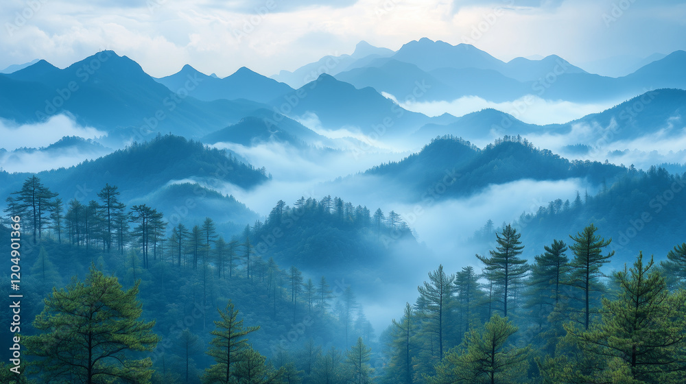 Rolling blue mountain ranges shrouded in fog Rolling blue mountain ranges shrouded in fog