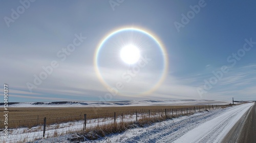 Winter sun halo over snowy prairie highway photo