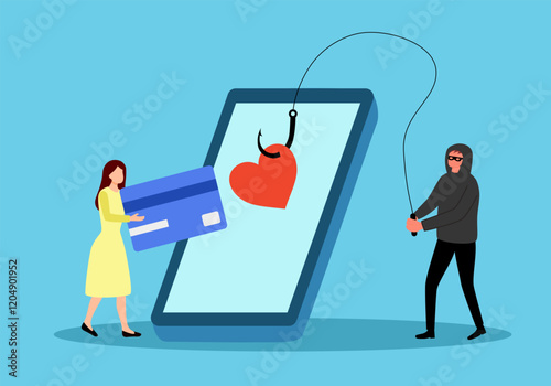 Heart bait for deception and manipulation in relationships. Woman was tricked by criminals into falling in love. Romance scam, cyber crime. vector