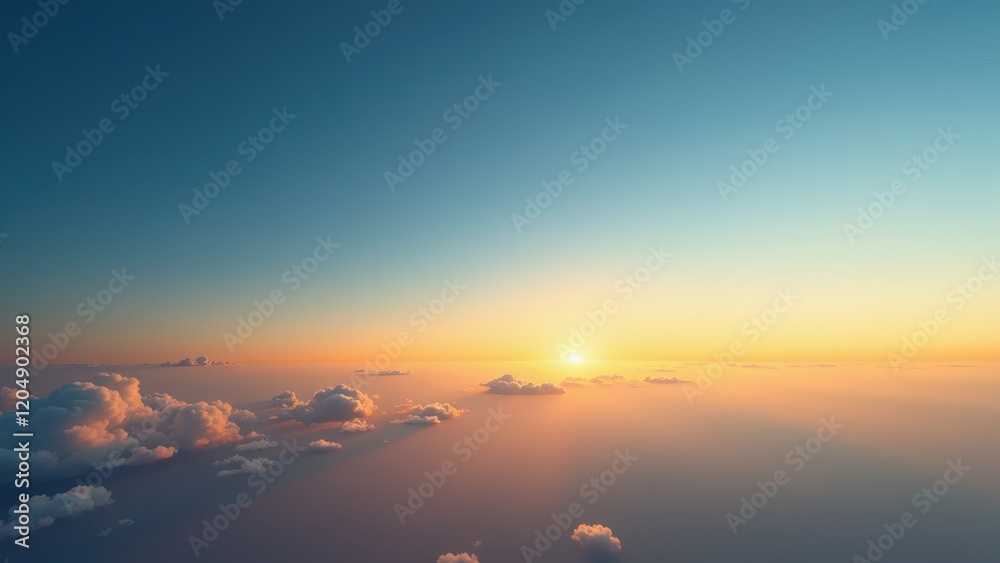 Obraz premium Golden sunrise breaks through misty clouds, casting vibrant hues of blue, orange, and yellow across the sky, with the radiant sun centered amidst serene cloudscapes on either horizon edge