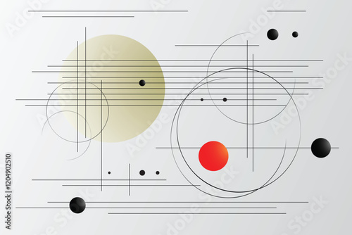 Modern Memphis geometric shapes background. Peaceful backdrop with circles, and lines. Abstract geometry graphics composition.