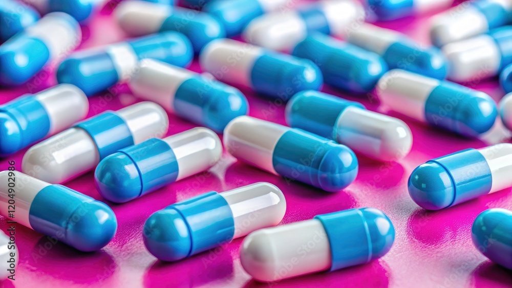 White and blue medical tablets sharply focused, set against a pink background. White and blue medical tablets sharply focused, set against a pink background.