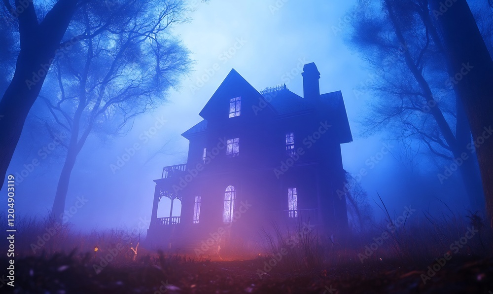 Mysterious haunted house in foggy woods at night. Halloween concept Mysterious haunted house in foggy woods at night. Halloween concept