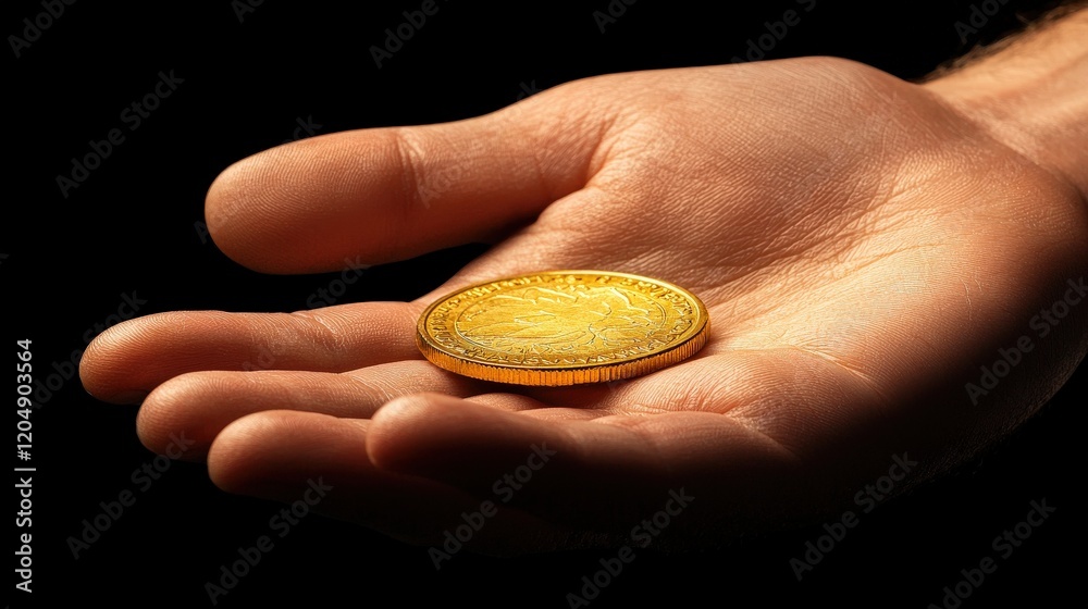 Glimmering Gold Coin Resting on Open Hand Against Dark Background Glimmering Gold Coin Resting on Open Hand Against Dark Background