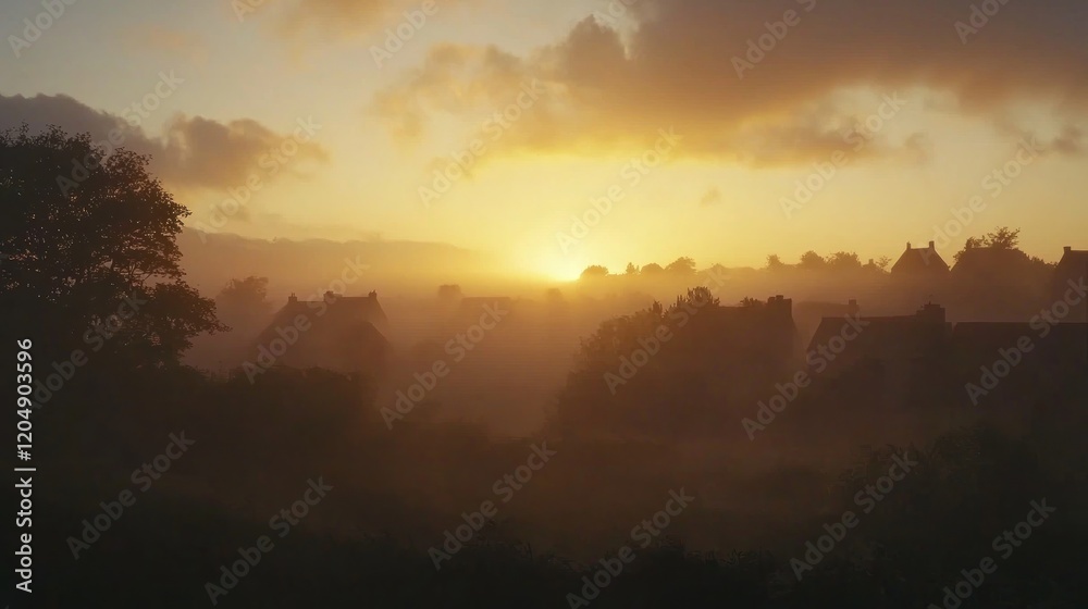 Sunrise over foggy village, idyllic rural scene Sunrise over foggy village, idyllic rural scene