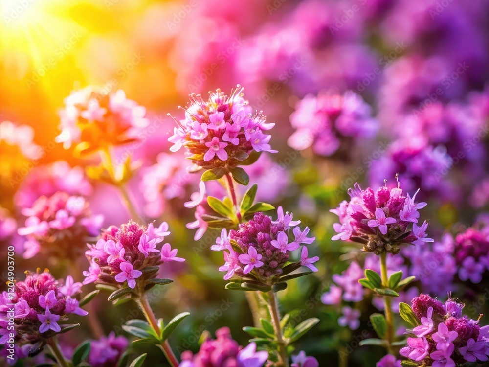 Fototapeta premium Wild thyme's delicate pink and purple blooms explode with color in these breathtaking macro photographs.