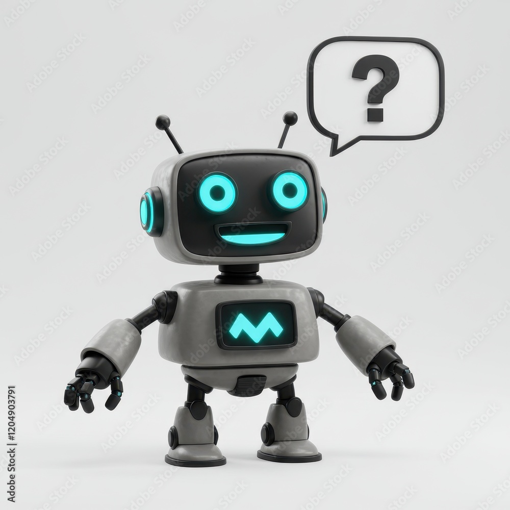 A 3D illustration of a happy robot with glowing blue eyes and antennas accompanied by a speech bubble containing a question mark isolated on a white background A 3D illustration of a happy robot with glowing blue eyes and antennas accompanied by a speech bubble containing a question mark isolated on a white background