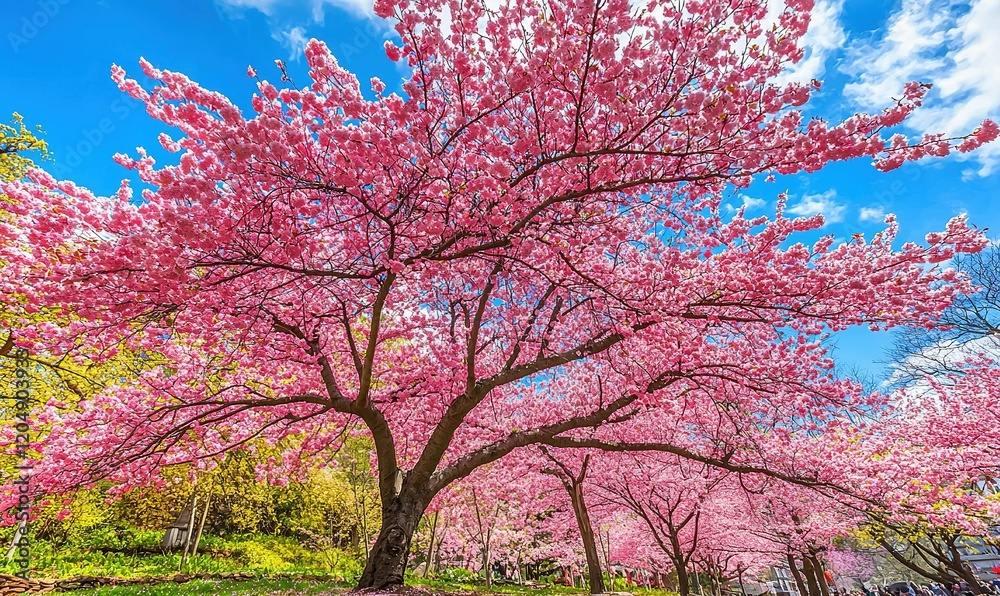 Pink cherry blossoms blooming in a park under a blue sky, ideal for spring themes Pink cherry blossoms blooming in a park under a blue sky, ideal for spring themes