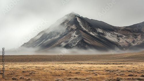 A cloudy mountain rises over a grassy plain photo