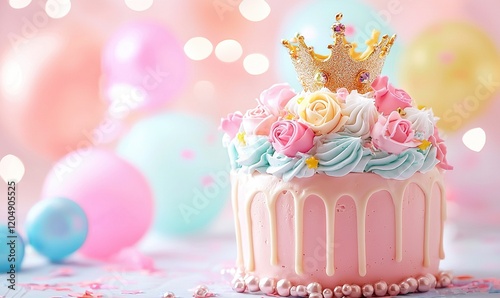 Princess birthday cake with pastel frosting, crown, colorful balloons, and bokeh background