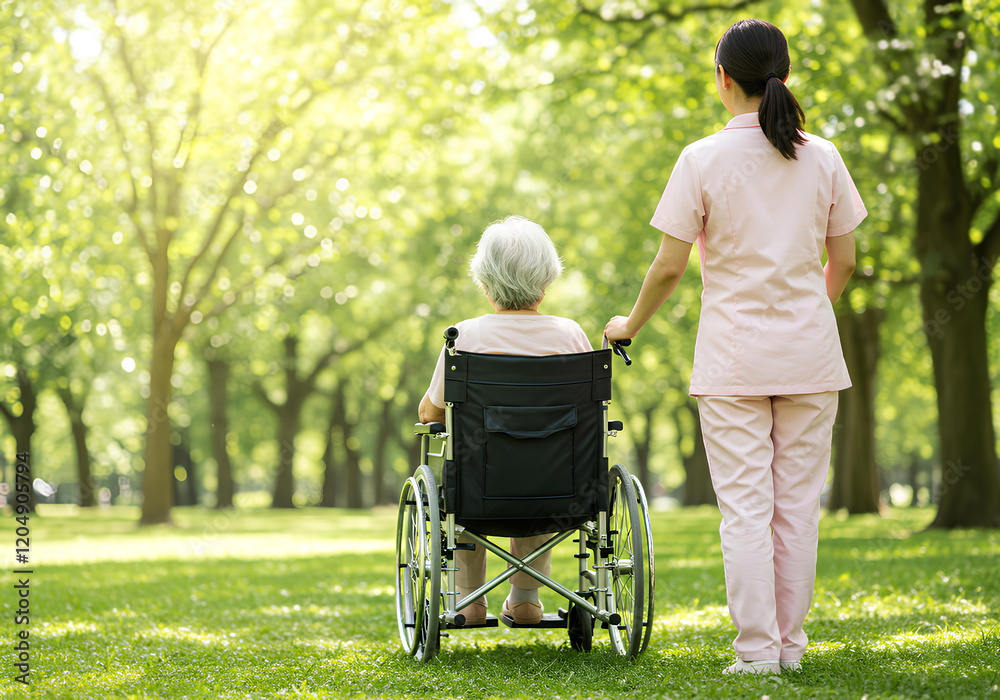 車椅子・介護・新緑・シニア・公園|Wheelchair. Nursing. Fresh greenery. Seniors. Park. 車椅子・介護・新緑・シニア・公園|Wheelchair. Nursing. Fresh greenery. Seniors. Park.