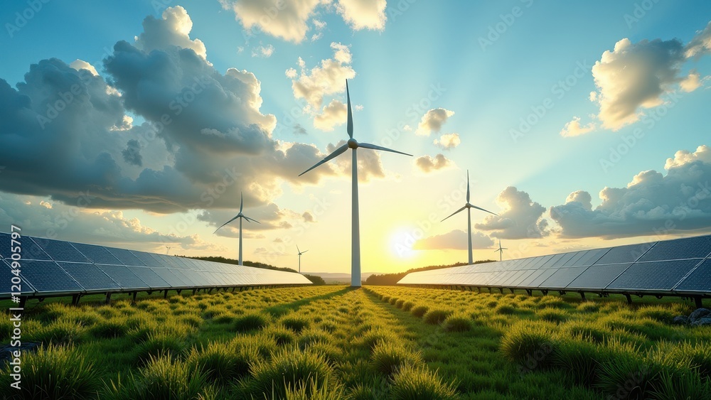 Obraz premium Eye-level panorama reveals lush green fields bordered by neat rows of gleaming solar panels, while a solitary wind turbine stands sentinel at the heart, symbolizing harmonious renewable energy innovat