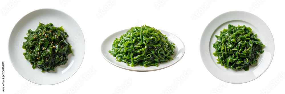 Fresh Wakame Seaweed Served on Plates with Sesame Seasoning Fresh Wakame Seaweed Served on Plates with Sesame Seasoning