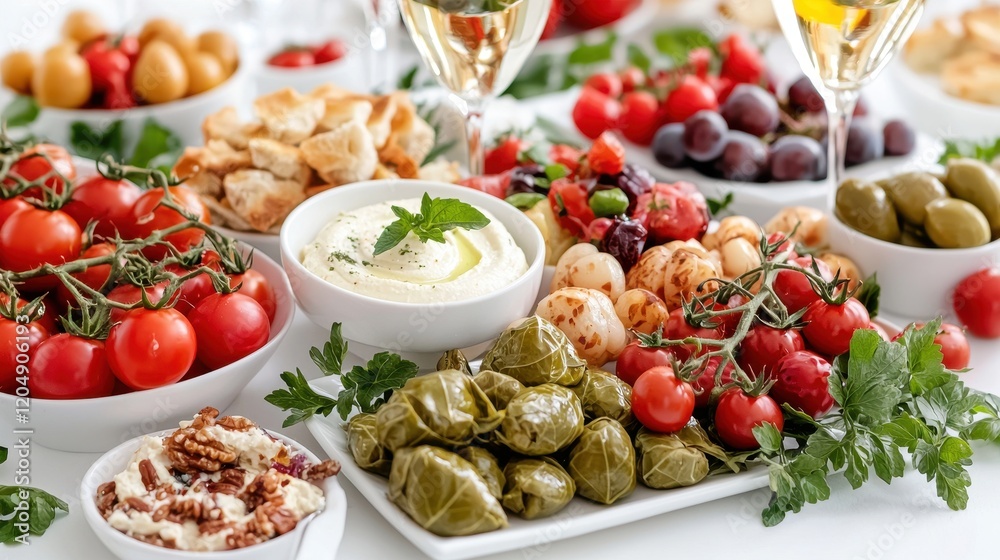 Fresh Mediterranean Buffet Spread with Olives, Tomatoes, and Dips on Elegant White Table Fresh Mediterranean Buffet Spread with Olives, Tomatoes, and Dips on Elegant White Table